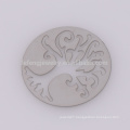 Latest design round silver stainless steel plates, glass memory hollow tree of life plates